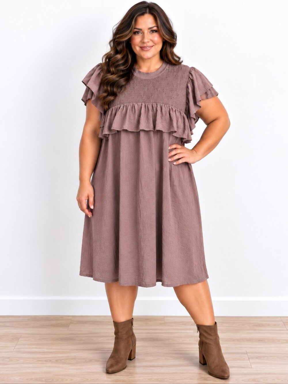 A New Day 4X Dusty Plum Rayon Blend Smocked Ruffle Boho Dress NWOT